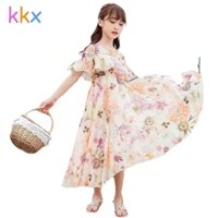 Kkx Đầm Công Chúa Hai Dây Đi Biển Vải Voan In Hoa Lớn Phong Cách Hàn Quốc Dành Cho Bé Gái 3-13 Tuổi