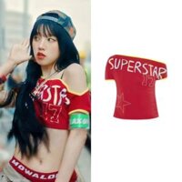 Klaxon (G) I-DLE YUQI retro nữ màu đỏ lệch vai ngắn giảm béo bất đối xứng Áo thun thời trang gợi cảm tay ngắn