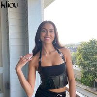 Kliou Y2K Da PU Chắp Vá Dây Camisole Nữ Gợi Cảm Cắt Thấp Lưng Skinny Zip Skinny Tank Áo Cao Cấp Quần Áo