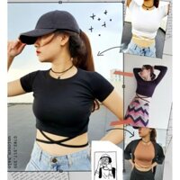 Km [Ảnh thật] Áo croptop cột rút dây eo tay ngắn dài thun Ôm body sexy trơn trắng / Đen / nude acr005  ྇ xuất khẩu