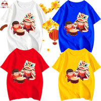 (KM) Combo 4 Áo thun trẻ em tết 2 bé múa lân trống cho bé từ 6kg-30kg.AT10.