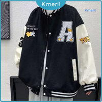 [Kmeril] Áo khoác bóng chày nam Full Nút đóng cửa Cổ áo dài tay Áo khoác có túi Thiết kế thêu chữ Màu sắc phù hợp với áo khoác thể thao