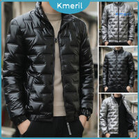 [Kmeril] Áo khoác Cotton mùa đông dành cho nam có cổ dài tay có dây kéo Placket Puffer Áo khoác có túi viền đàn hồi Áo khoác ngoài chăn chống gió