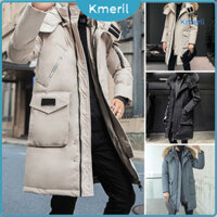 [Kmeril] Áo khoác nam cổ áo lông có mũ trùm đầu dài tay màu trơn Áo khoác mùa đông Dây kéo Placket Túi dày Puffer Áo khoác ngoài
