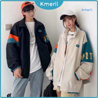 [Kmeril] Áo khoác nam nữ dáng rộng cổ điển cổ đứng dài tay Áo khoác bóng chày đường phố Áo khoác chặn màu Áo khoác tình nhân cho mùa thu đông