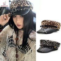 Kokingtaipan Rivet Leopard Hat, Sex Punk Y2k Mũ Beret, Thời Trang Pu Da Bông Tai Kẹp Gothic Flat Top Cap cho Bé Gái