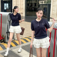 [KOL] Áo len polo nữ cổ bẻ phối cúc thêu nơ ngắn tay form vừa freesize hàng thiết kế DELIZ PL11