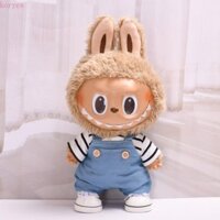 Koryes 38cm Quần áo thời gian Labubububu, Quần yếm Denim Váy kẻ sọc 38cm Quần áo búp bê sang trọng, Phù hợp với giày trắng Áo thun sọc ren búp bê Cotton Quần áo búp bê nhồi bông