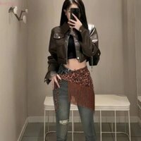 Koryes Thắt lưng tua rua buộc dây, Thắt lưng in họa tiết da báo Hip-hop, Retro Vintage phóng đại Punk Fur Triangle Belt Phụ kiện thắt lưng