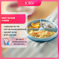 KUB | Khay Ăn Dặm Cho Bé 3 Ngăn Silicon Đế Hít Chống Đổ [Tặng Muỗng Nĩa Inox KUB]