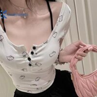 Kudosation Hàn Quốc Dễ Thương Hello Kitty In Hình Áo Thun Nữ Tay Ngắn Có Miếng Lót Ngực Giả Hai Mảnh Crop Top Đẹp