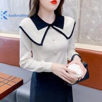 Kudosation Hàn Quốc Màu Sắc Tương Phản Cổ Búp Bê Ve Áo Dài Tay Mỏng Dệt Kim Áo Len Nữ Đẹp
