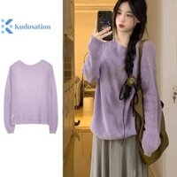 Kudosation Hàn Quốc Màu Trơn Cổ Tròn Dài Tay Lười Rời Dệt Kim Áo Len Nữ Đẹp