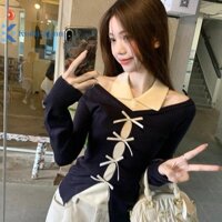 Kudosation Hàn Quốc Nữ Tắt Vai Dây Nơ Dài Tay Mỏng Giả Hai Mảnh Dệt Kim Áo Len Đẹp
