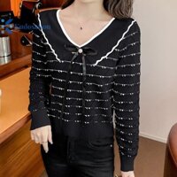 Kudosation Mùa Xuân Hàn Quốc Nơ Ngọt Ngào Búp Bê Cổ Sọc Dài Tay Áo Len Dệt Kim Mỏng Cho Nữ Đẹp