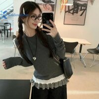 Kudosation Nữ Ba Lê Phong Cách Sang Trọng Kẻ Sọc Ren Xù Chắp Vá Cổ Tròn Tay Dài Áo Thun Mỏng Đẹp