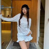 Kudosation Nữ Thời Trang Nơ Dài Tay Phối Ren Hơi Trong Suốt Áo Thun Dệt Kim Đẹp