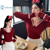 Kudosation Phong Cách Đại Học Ngọt Ngào Tương Phản Cổ Áo Hải Quân Dài Tay Ôm Ngắn Dệt Kim Áo Len Nữ Đẹp