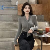 Kudosation Thu Đông Nữ Gợi Cảm Phối Ren Cổ Chữ V Dài Tay Màu Trơn Áo Thun Mỏng Đẹp