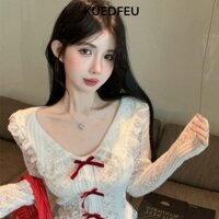 KUEDFEU Áo ren nơ , Áo dài tay cổ chữ V màu trắng, Áo thun dài tay ngọt ngào vừa vặn thanh lịch dành cho nữ