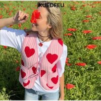 KUEDFEU Áo Vest Nữ , Áo Vest Nữ In Hình Trái Tim, Dạo Phố Rời Bỏ Túi Mỏng Phối Ren Cổ Chữ V Áo Khoác Nữ