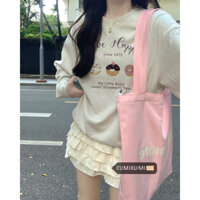 kumikumi Áo hoodie dài tay dáng rộng thời trang dành cho nữ Áo hoodie màu xám họa tiết dễ thương