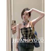 kumikumi HUANG YOYO Áo croptop Trễ Vai Dáng Ôm Họa Tiết Kẻ Sọc Thời Trang Mùa Hè Quyến Rũ Cho Nữ