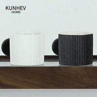 Kunhev 2 Cốc Espresso, Cốc Mini Gốm Đen Trắng, Thanh Lịch Dễ Dàng Vệ Sinh Sọc Dọc Với Tay Cầm Bằng Gỗ Tròn Cốc Trà Nhà