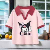 Kuromi Quần Áo Bé Gái Cotton Nguyên Chất Màu Sắc Tương Phản polo Tay Ngắn Mùa Hè 2024 Phong Cách Mới Trẻ Em Thời Trang Cổ Chữ V Áo Thun Top K2