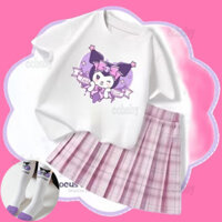 Kuromi Quần Áo Cho Trẻ Em Áo Trắng + Hồng Xanh JK Kẻ Sọc Xếp Ly Váy Sanrio Áo 4 5 6 7 8 9 10 11 12 Tuổi Trẻ Em