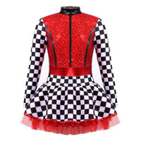 Kvysinly Kids Girls Racer Racing Driver Trang phục Checkerboard dài tay Mock Neck Sequin Patchwork Áo liền quần cho Halloween Cosplay Party Dress Up