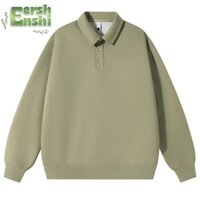 Kyushuad Áo len nam Mỹ retro màu trơn phong cách đại học ins xu hướng dây kéo áo sơ mi polo áo len nam