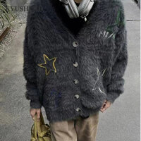 Kyushuad Áo len nam Mỹ xu hướng retro phong cách đại học in họa tiết ngôi sao thêu áo len cardigan nam