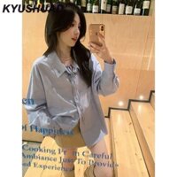 Kyushuad Áo Sơ Mi Nữ Thời Trang Cổ Chữ V Dài Tay Áo Sơ Mi Polo Cổ Xanh Ruy Băng Dài Tay Áo Sơ Mi Top