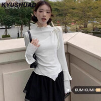 Kyushuad Áo thun nữ dài tay màu trắng hai áo thun dài tay màu trơn thon gọn