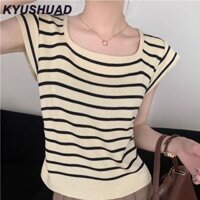 Kyushuad Áo thun nữ sọc dệt kim ngắn tay không tay thường ngày