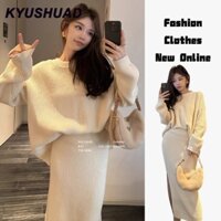 Kyushuad Bộ áo len chui đầu cổ tròn xẻ lưng màu trơn Hàn Quốc kết hợp với váy xẻ bên