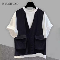 Kyushuad nam ngắn tay phiên bản Hàn Quốc giả hai mảnh thiết kế thích hợp xu hướng dụng cụ áo thun dáng rộng bỏ túi ba chiều