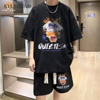 Kyushuad nam ngắn tay + quần short American retro xu hướng rộng rãi bộ đồ thể thao thông thường cỡ lớn