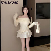 Kyushuad Nữ lệch vai Nơ Slim-Fit Dệt Kim Top Bánh Pettiskirt Phù Hợp Với
