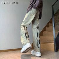 Kyushuad Quần nam bùn vàng khiêu dâm cặp đôi thủy triều thương hiệu côn đồ đẹp trai Mỹ micro-horn cao cấp rung cảm đường phố thẳng quần ống rộng