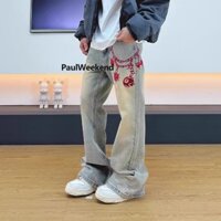 Kyushuad Quần nam cao cấp Mỹ phong cách rung cảm retro đau khổ bùn vàng thêu quần jean nam