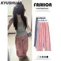 Kyushuad Quần ống rộng dành cho nữ Quần kẻ sọc đỏ trắng Quần cạp cao Quần lười biếng