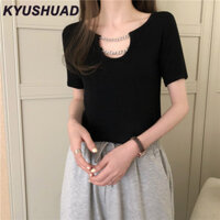 Kyushuad Thiết kế cảm giác áo kiểu ngắn nữ mùa hè mới hot girl phong cách lưng cao tay ngắn dây chuyền đáy áo thun dệt kim