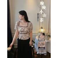 L-4xl Fat Mm Áo Sơ Mi Nữ Quá Khổ Mùa Hè Mới Bụng Bao Đa Năng Tính Khí Cổ Vuông Pháp Hoa Mỏng Áo Cao Cấp