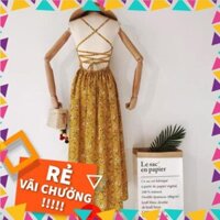 l [ẢNH THẬT](sẵn xanh) Váy maxi hoa nhí 2 dây hở lưng đan chéo dây lưng chun xẻ tà chất mát siêu sexy đi biển đi chơi k
