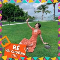 l (HÀNG SẴN) Váy hoa nhí màu cam cổ vuông gợi cảm xòe dài xẻ tà cả gợi cảm mùa hè vintage k