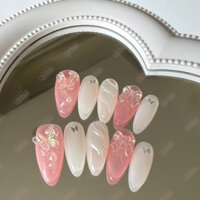 L059 Nailbox thiết kế màu thạch hồng họa tiết tráng gương gel nổi đính charm
