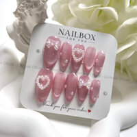 L063 Nail box thiết kế thủ công sơn mắt mèo hồng ánh trăng đính charm nơ tim ngọc đi học đi chơi đi làm dễ thương