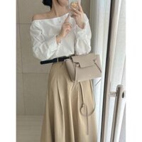 L2 Set Áo Sơmi Thô Lệch Vai Mix Chân Váy Thô Kaki Dáng Dài Kèm Đai Da (kèm ảnh thật) C38